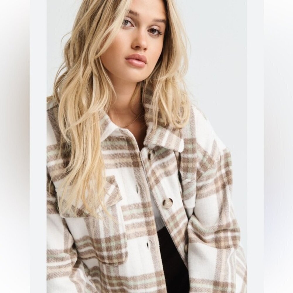 Joie Plaid Oversized Fleece Shacket Jacket Cotton Polyester Blend